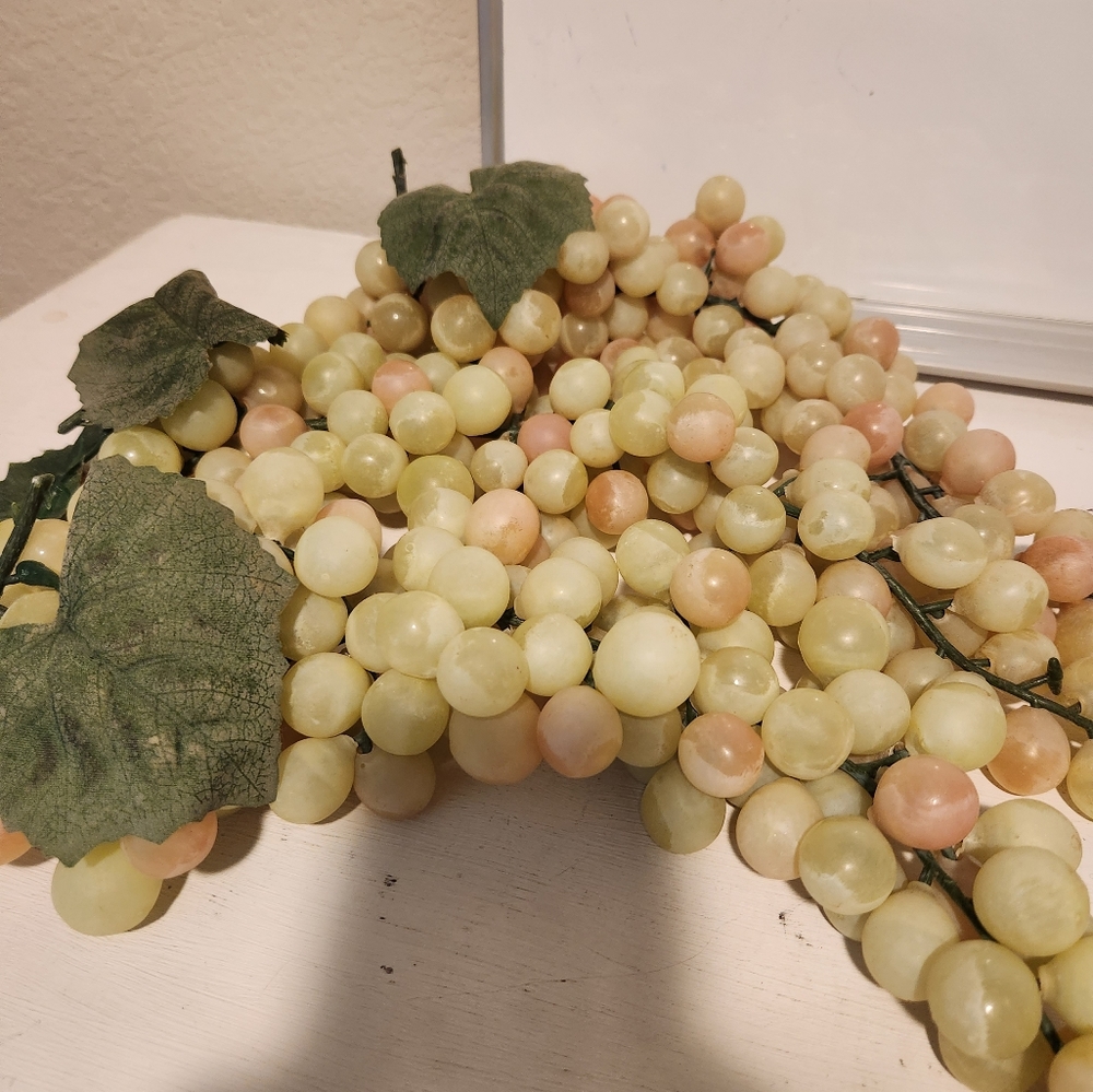 Vintage long cluster plastic green grapes on vine.